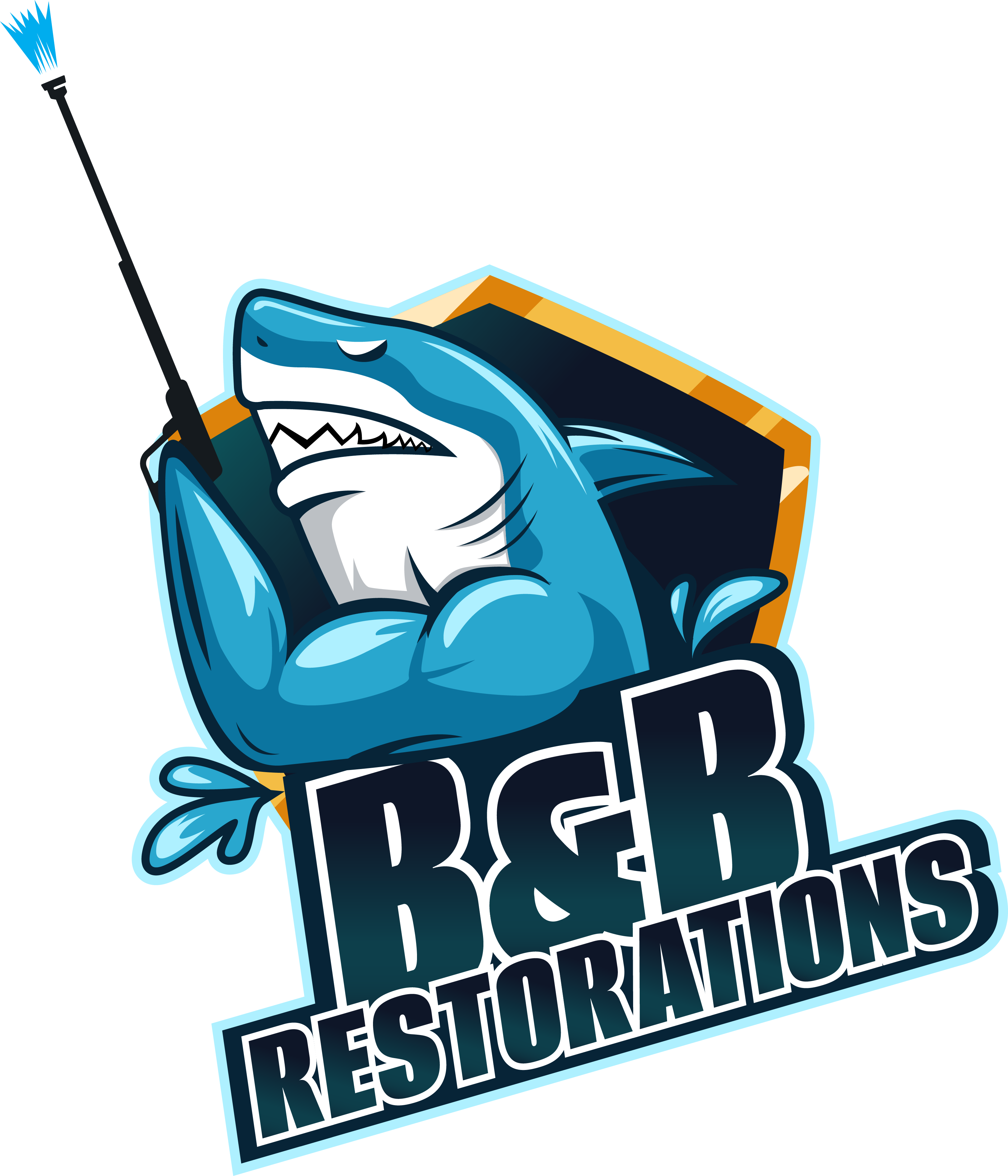 A logo for a restaurant with a shark holding a spear.